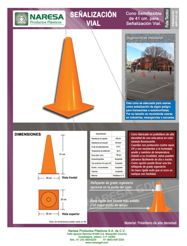 Cono semiflexible de 41cm para señalización vial