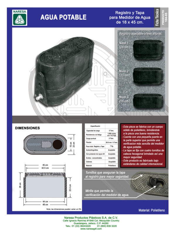 Registro y tapa para medidor de agua 18×45 cm.