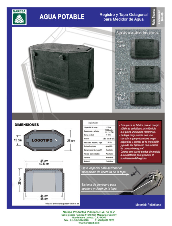 Registro y tapa para medidor de agua octogonal