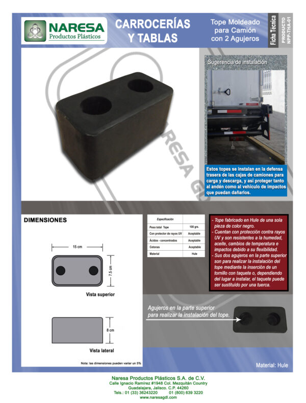 Tope moldeado para camión con 2 agujeros