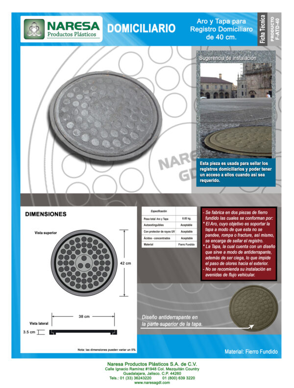 Aro y tapa para registro domiciliario de 40 cm.