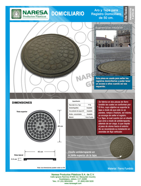 Aro y tapa para registro domiciliario de 50 cm.