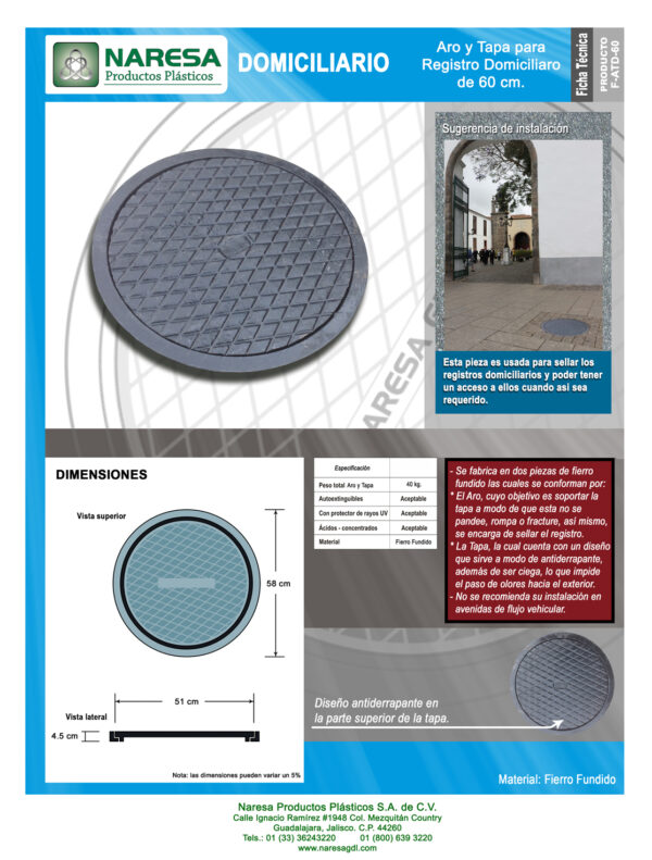 Aro y tapa para registro domiciliario de 60 cm.