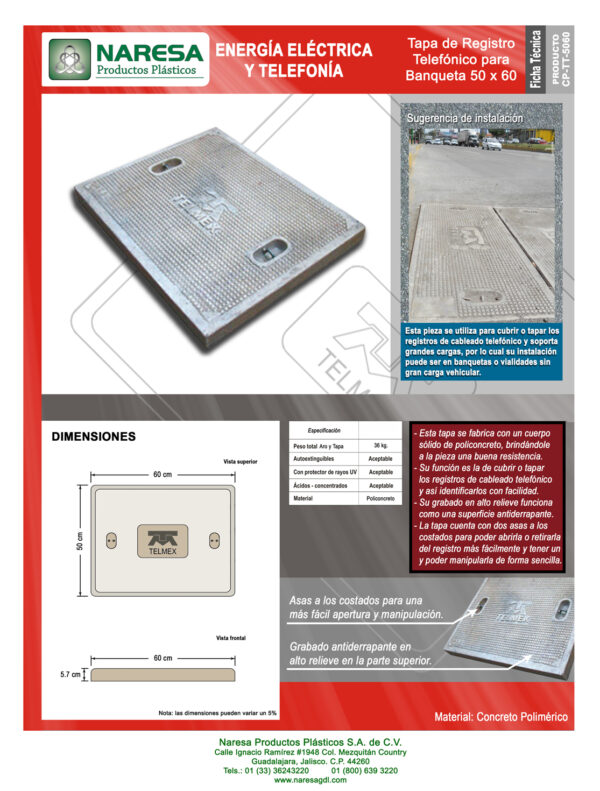 Tapa de registro telefónico para banqueta 50×60